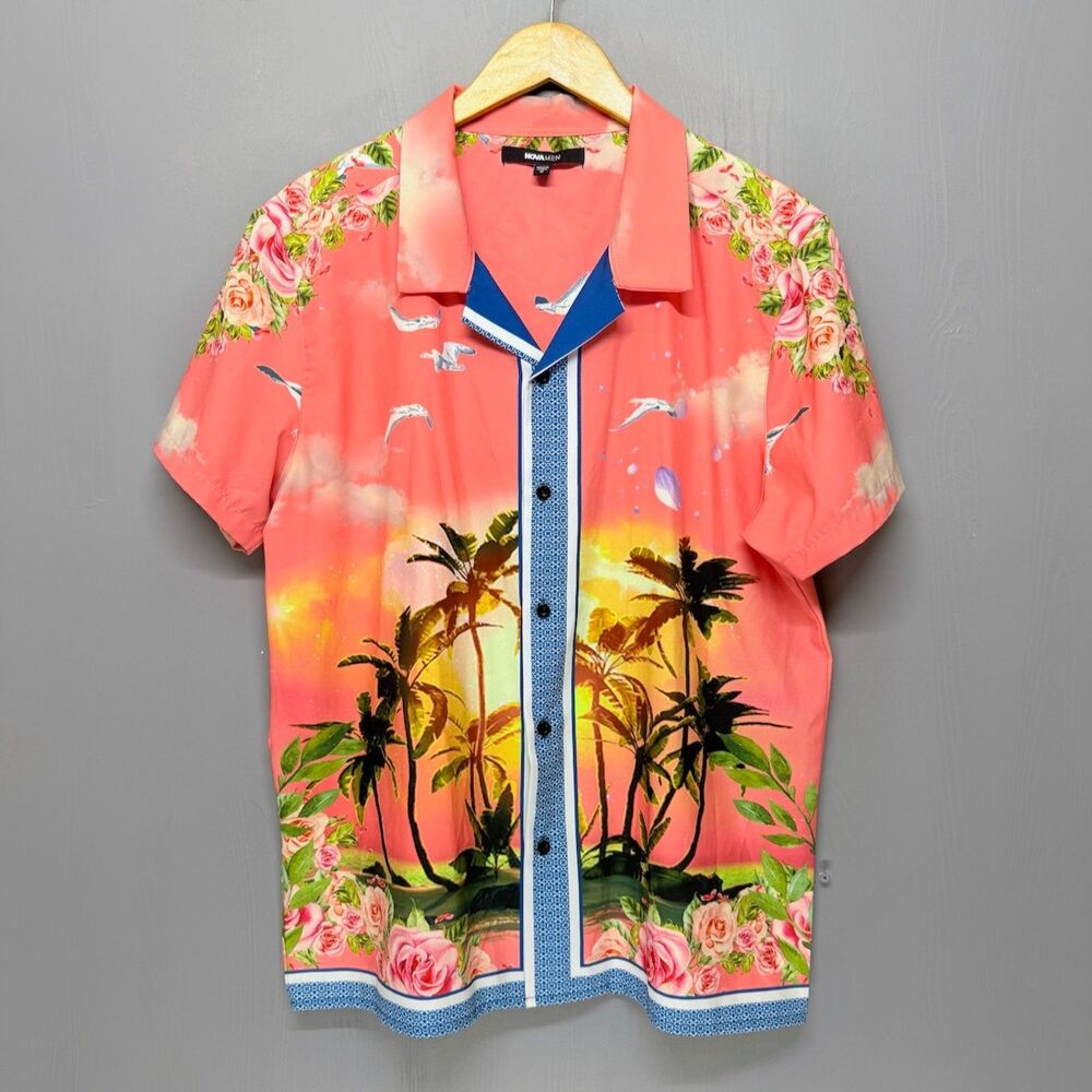 Coral Tropical Hawaiian Ocean Sunset Resort Short-Sleeve Button Up Shirt M Roses